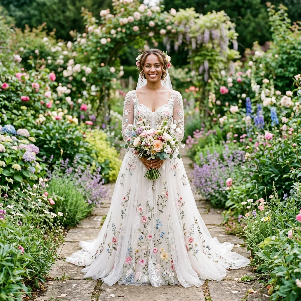 Sweetheart Neck Long Sleeve Floral Embroidered Tulle A Line Wedding Dress Bohemian Garden Bridal Gown