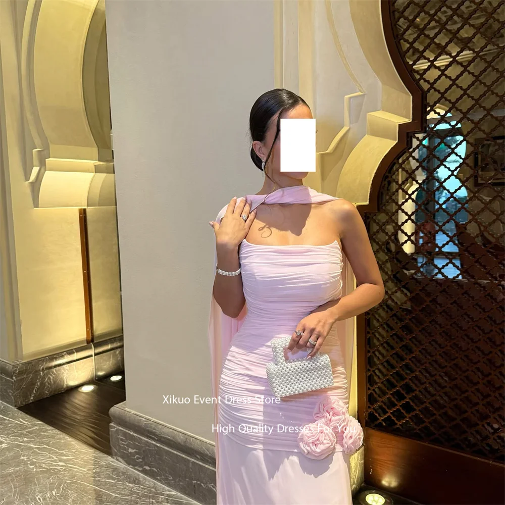 Xikuo Strapless Pink Chiffon Evening Dress 3D Flowers Ruched Prom Dresses Side Slit Straight Vestidos De Fiesta Mujer Customized