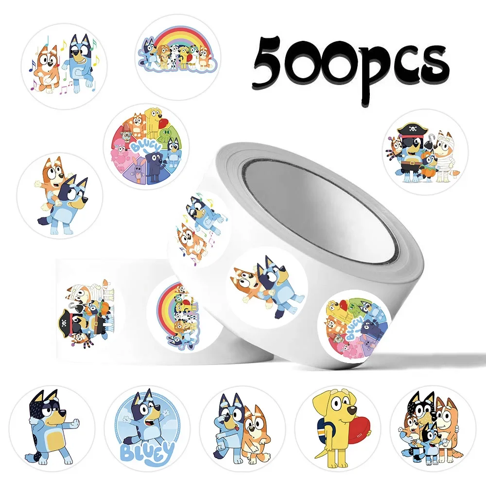 500 pegatinas de anime Bluey en rollo, divertidas pegatinas de perros azules, calcomanías de dibujos animados para equipaje, teléfono, guitarra, álbum de recortes, juguetes clásicos para niños