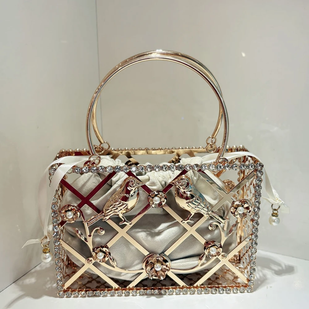 Luxury Handbag Metallic Rhinestone Evening Bag Party Bag Simple Personalized Hollow Out Box Handbag Shoulder Bag