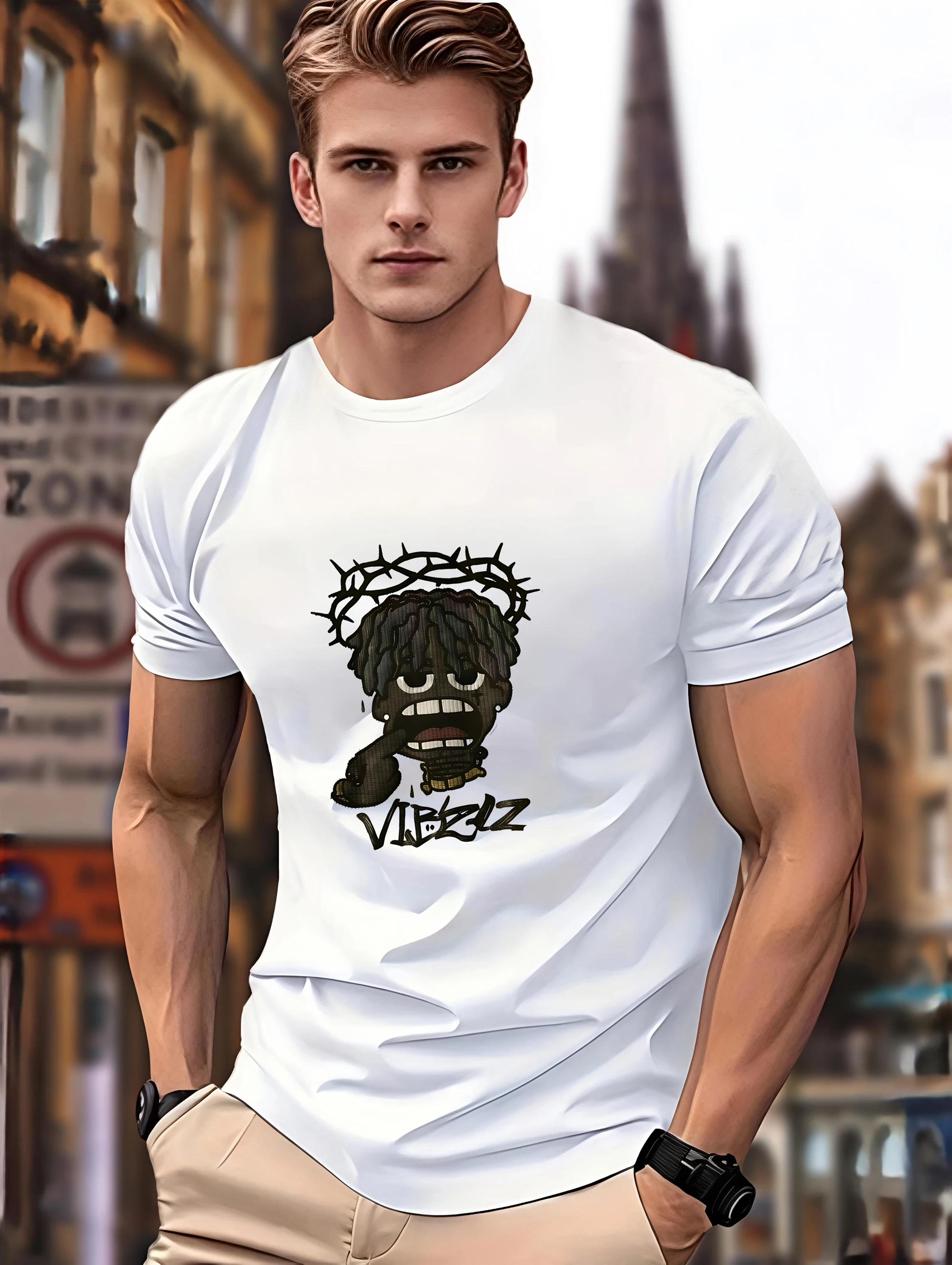 

Men's summer loose fit comfortable casual sports pattern printed round neck short sleeved T-shirt top