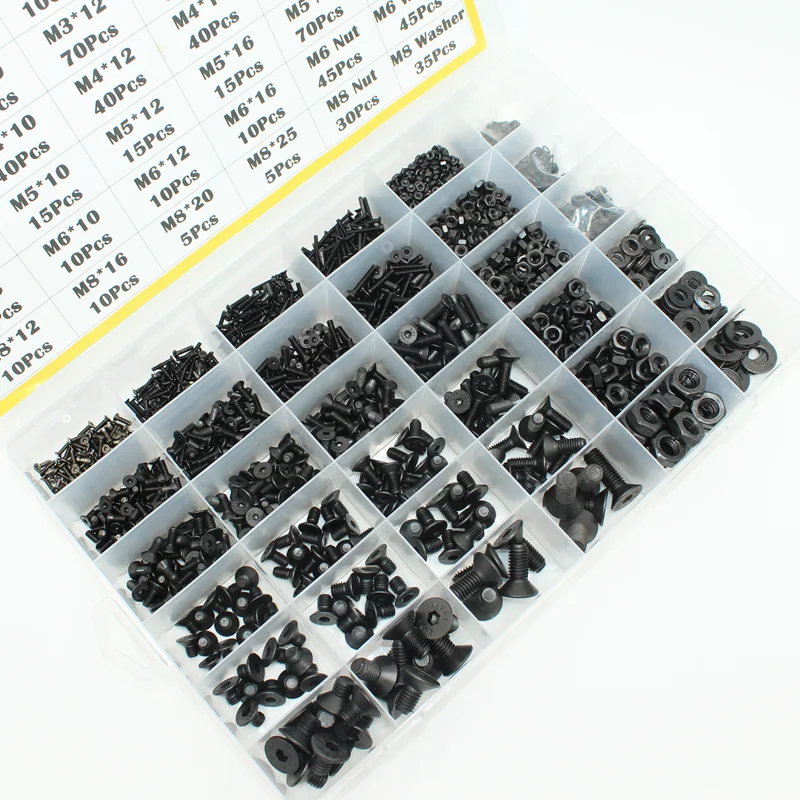 3045p schwarze Flachkopf-Innensechskantschraube, Senkkopfschrauben, Muttern, Unterlegscheiben-Set, M2, M2,5, M3, M4, M5, M6, M8, legierter Stahl der Güteklasse 10,9 DIN 7991 – Detail 3