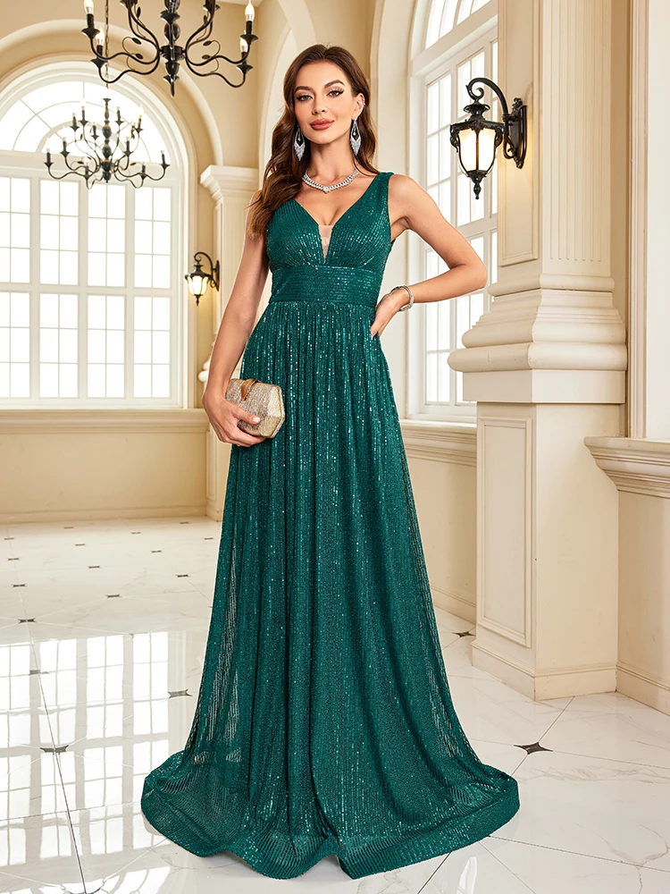 Lucyinlove Women Luxury V-Neck Sleeveless Green Formal Evening Dress Sequin 2024 Wedding Party Prom Maxi Cocktail Dress Vestido