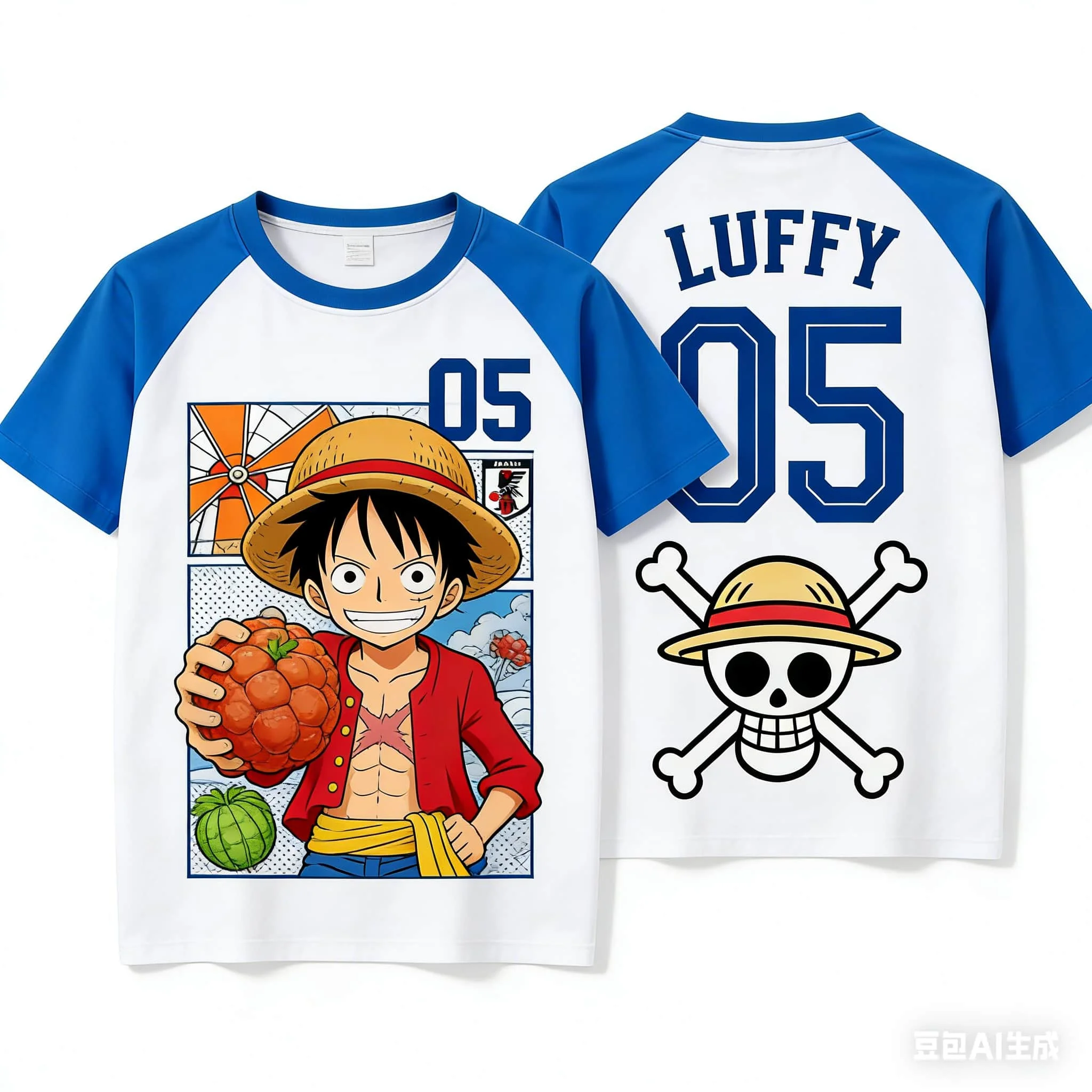 One Piece Luffy Devil Fruit Raglan Sleeve T-Shirt Unisex Kids Quick Dry Breathable Short Sleeve Tee Fashion Streetwear SportTops