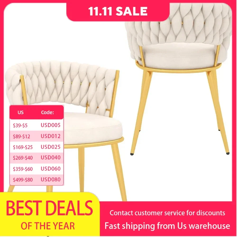 

Modern Velvet Dining Chairs Set of2Upholstered Living Room Chair with Woven Back andGolden Metal LegsMid-CenturyAccent SideChair