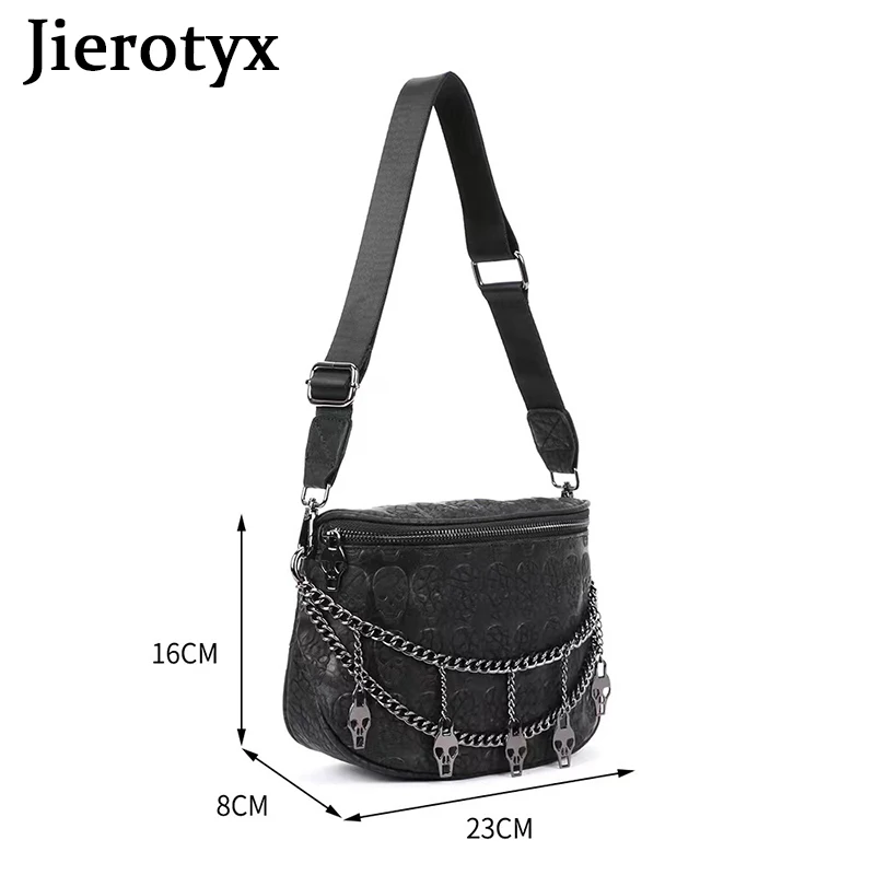 JIEROTYX Studded Skull Bag for Women Vegan Leather Punk Rock Rivet Bag Shoulder Bag with Chain Black Leather Wallet Purse