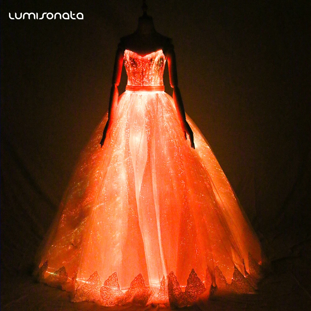 Lumisonata Light Up Glow In The Dark Fiber Optic Fabric Women Customizable Luminous Dress Led Long Skirt For Wedding Party