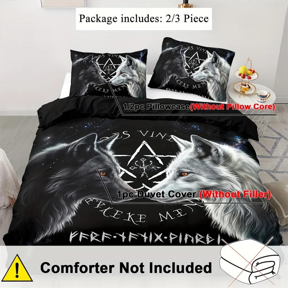 Wolf Duvet Cover Set-Polyester Includes Duvet Cover and 2 Pillowcases Machine Washable Animal Print Bedding Set No Duvet Insert