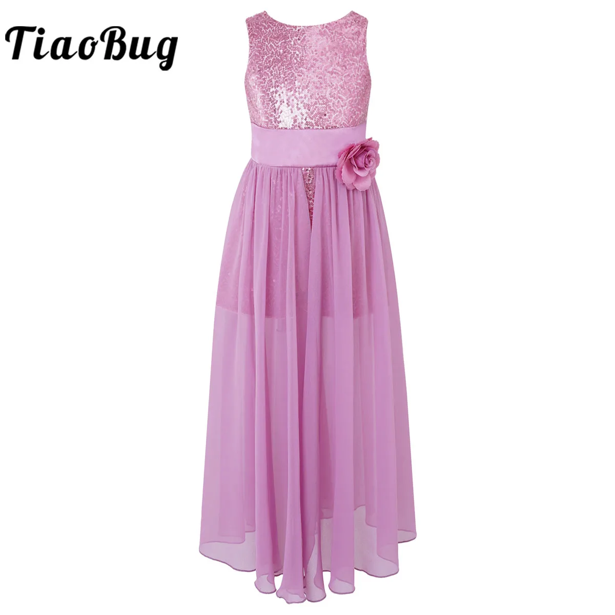 Girls Sequin Chiffon Dress High-Low Skirted Jumpsuit Dancewear Ballet Lyrical Ballroom Dancing Costumes Wedding Party Dress