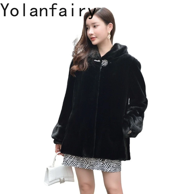 YOLANFAIRY Wysokiej Jakości Płaszcz z Naturalnego Futra Norki z Kapturem, Damska Zimowa Kurtka z Naturalnego Futra Norki, Średniej Długości Czarny Płaszcz Futrzany