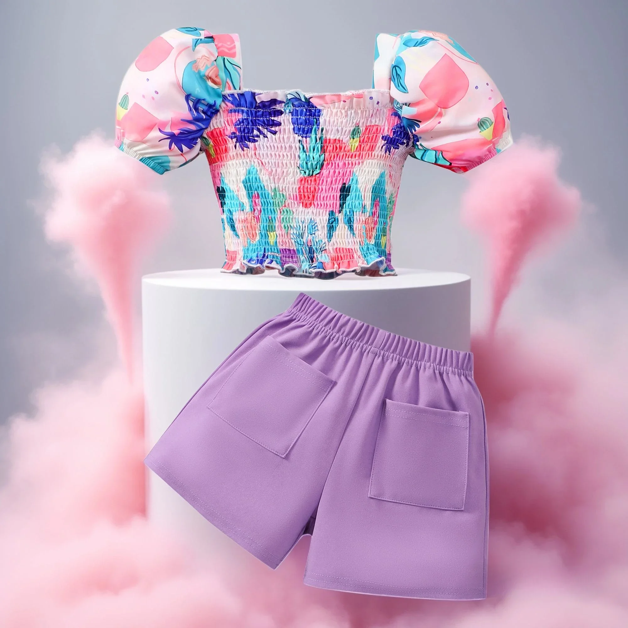 

Colorful Summer Set for KIds Girl Clothes Casual Short Sleeve Vest + Purple Shorts Toddler 2Pcs Vacation Children Outfit 2-7 Yrs