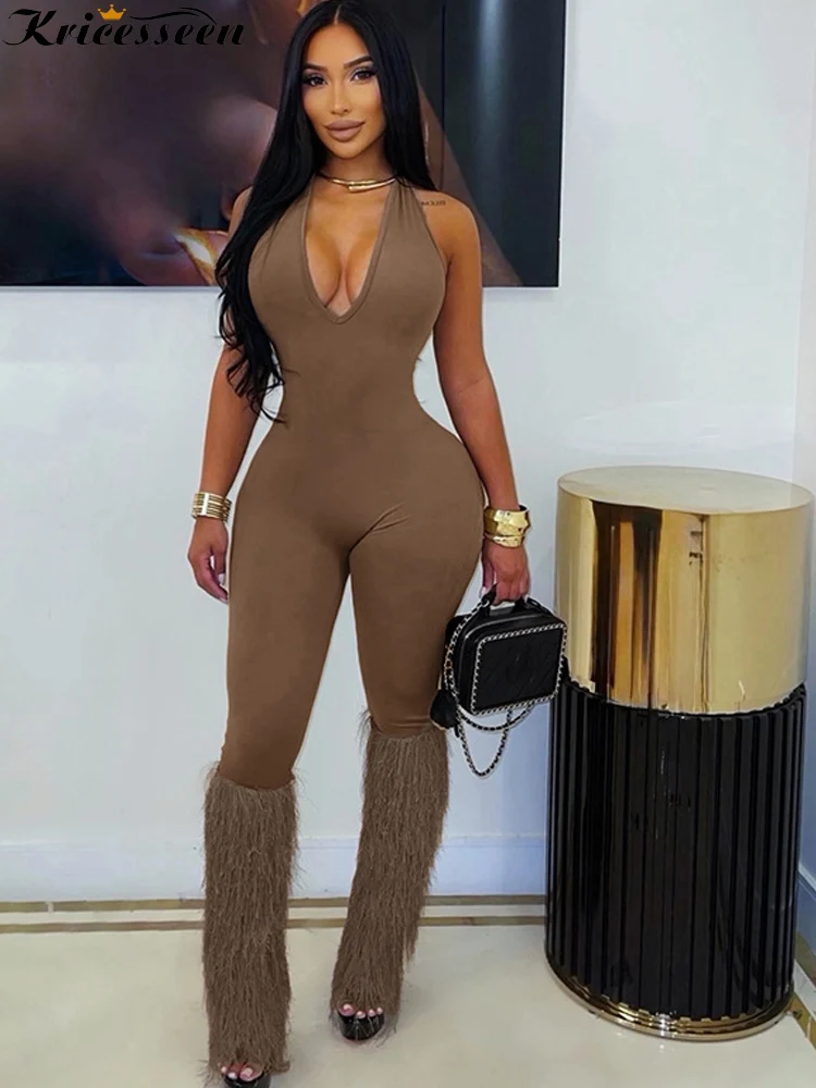 Kricesseen Sexy Solid Halter Jumpsuit Women Sleeveless V Neck Backless Bodysuit Faux Fur Hem Flared Leggings One Piece Rompers
