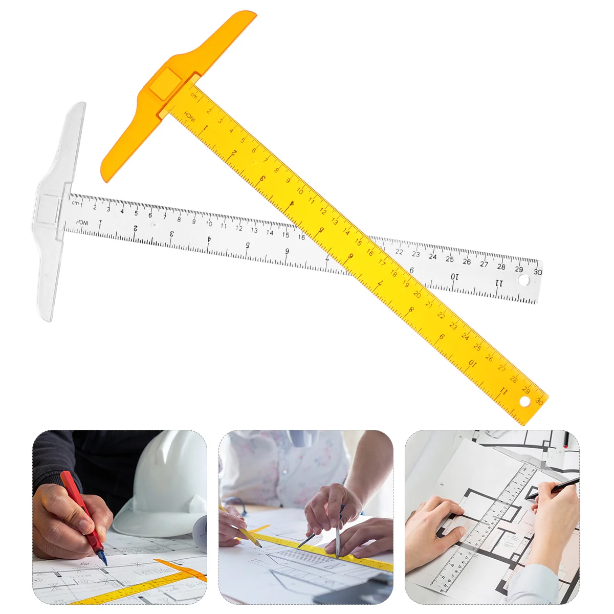 2pcs/set T Square Ruler 30cm Plastic T Shape Ruler Clear Transparent Measurements Straight Ruler Measure Tool Drafting Supplies