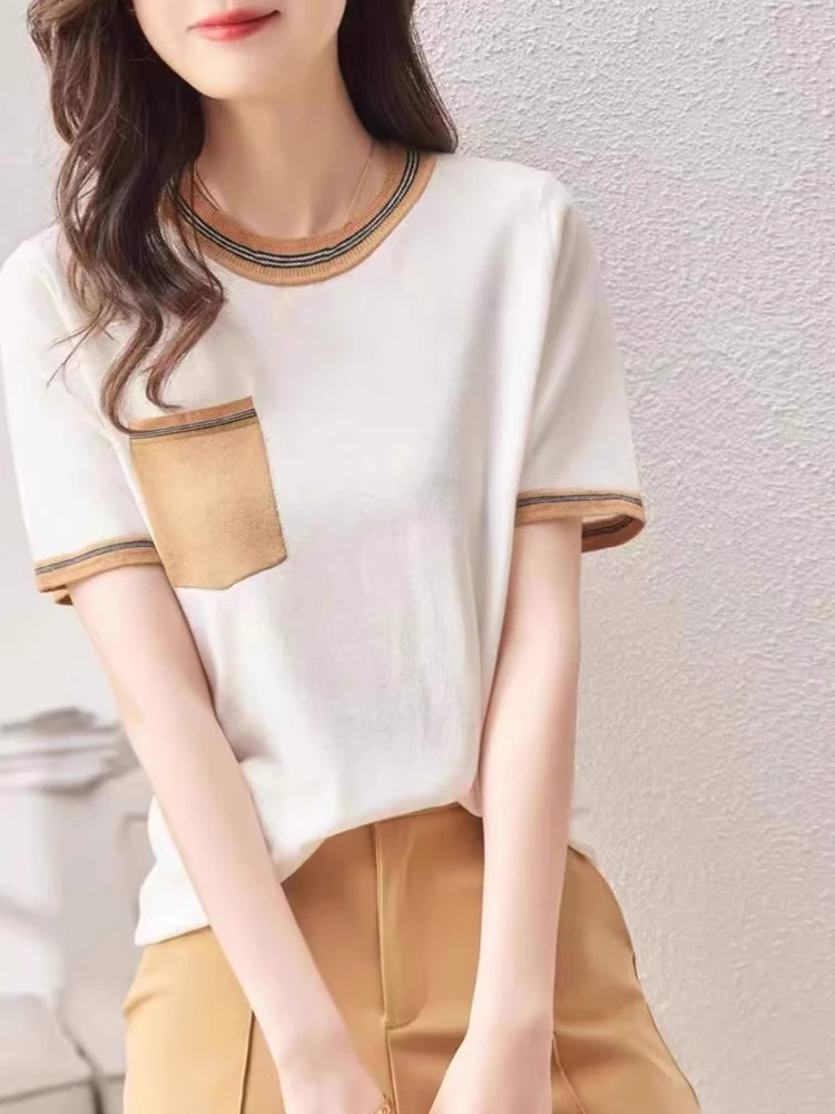 

Faionable Comfortable Breathable Skin-Friendly ort Sve round Ne Overhead T-irt Summer Color Blo Single ket irt