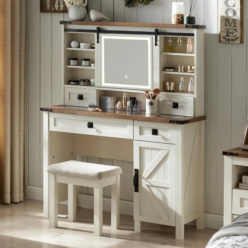Bedroom dresser with stool set, popular three-color removable LED light mirror drawer storage makeup table practical