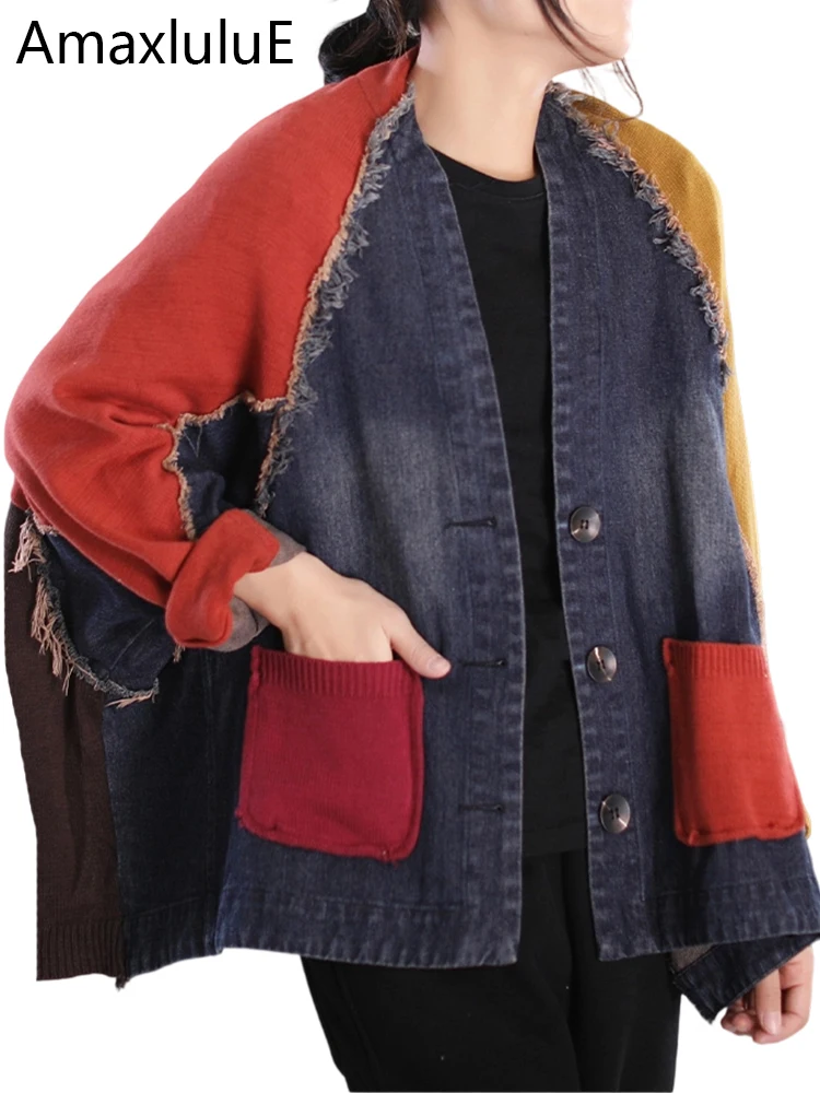 

Amax LuluE Autumn Fashion Coats Womens Vintage Loose Knitted Denim Jackets Ladies Classic Oversized Casual V Neck Punk Outerwear