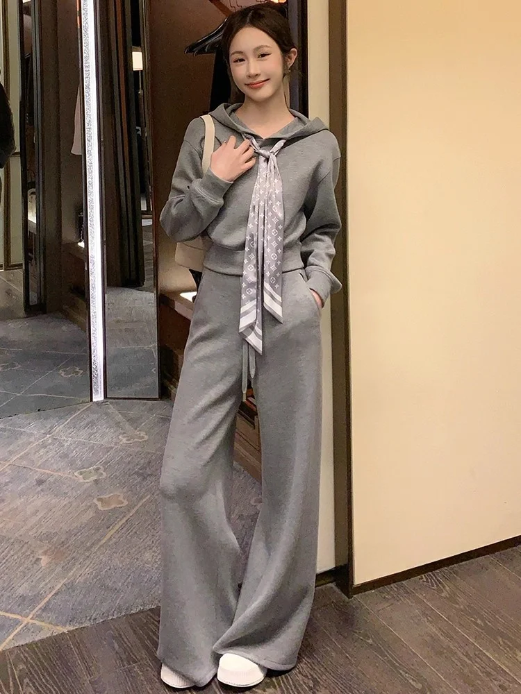 

Grey Hoodie And Wide Leg Pants Set Women's Casual Sportswear Two Piece Suit Korean Style Age Reduction Trendy Winter Outfit