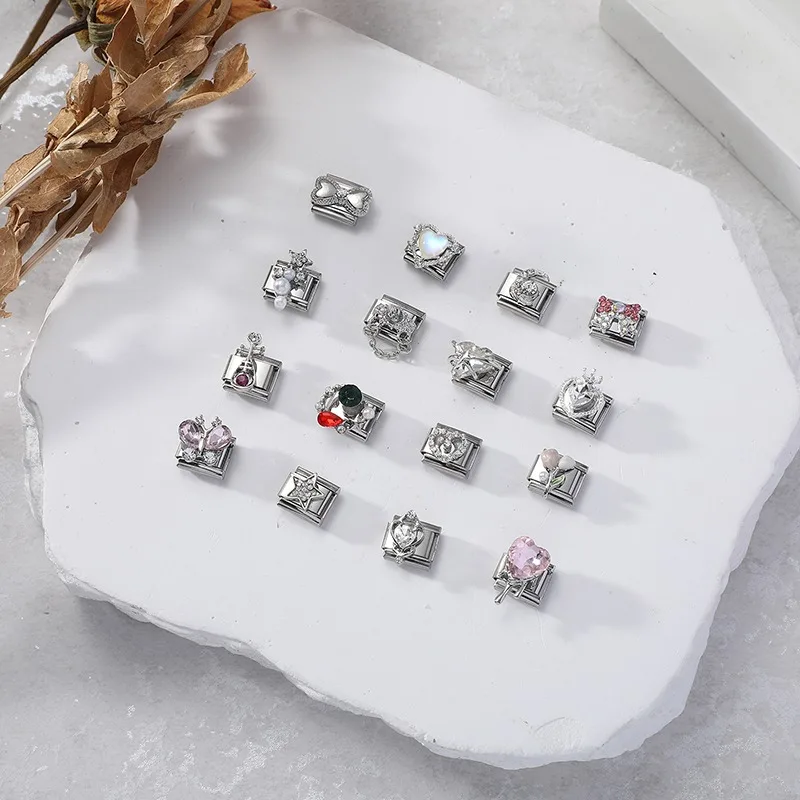 Brilliant Zircon Love Heart Bow Butterfly Stars Italian Charm Links Fit 9mm Stainless Steel Bracelet Women Jewelry DIY Making image 4