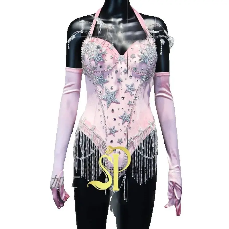 생일 파티 의상 바 나이트클럽 디제이 파티 고고 댄스 의상 스타 스팽글 태슬 바디수트 여성 폴댄스 의상 무대 의상