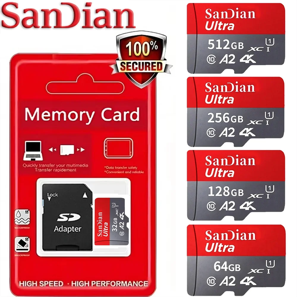 Cartão de Memória Micro TF SD de Alta Velocidade 64GB/128GB/512GB Classe 10 U3 V30 com Adaptador para Drone DJI Mavic Gravação em 4K