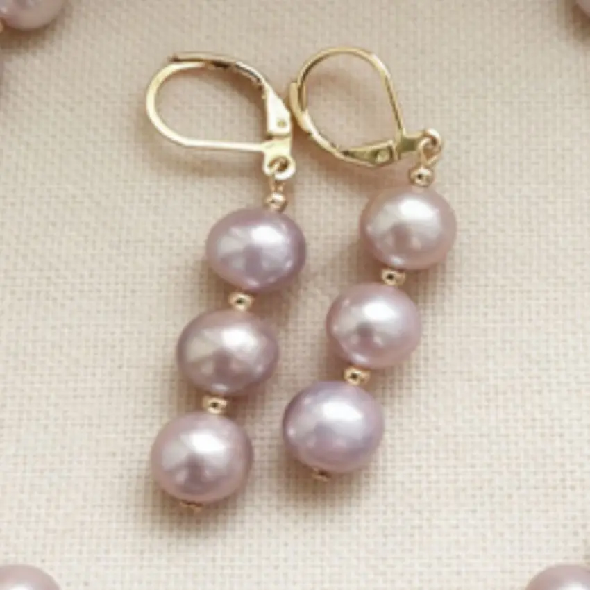 9-10mm Natural purple round Southsea pearl 14K gold earrings Mother\'s Day FOOL\'S DAY Wedding Beautiful Gift Accessories New Year