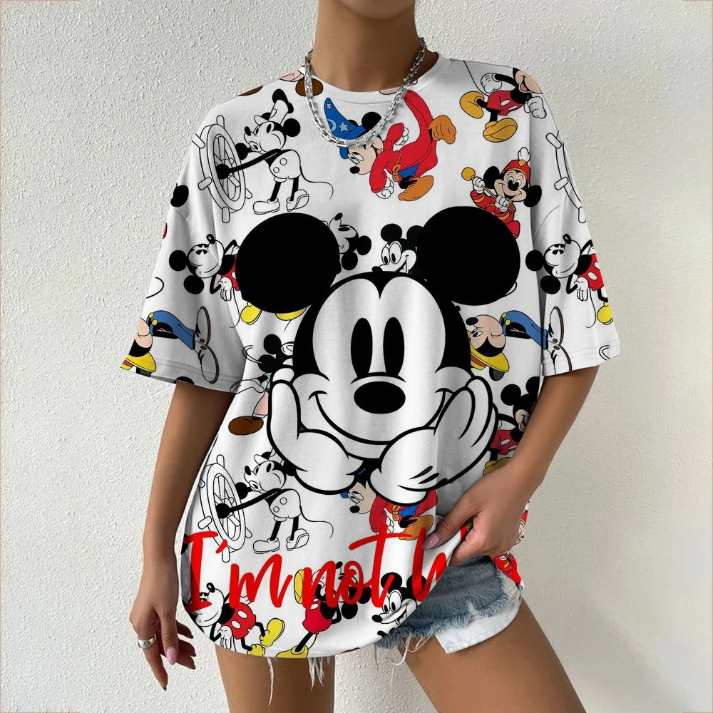 Disney Mickey Mouse Print Summer T Shirt for Women Oversize T-shirt Round Neck Clothes Pulovers Top Graphic T Shirts Casual