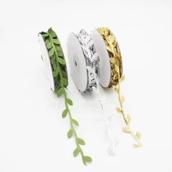 10M Silver Gold Green Leaf Ribbon Artificial Vines Leaves String Trim Ribbon for Party Wedding Decor Home Wreaths DIY Craft