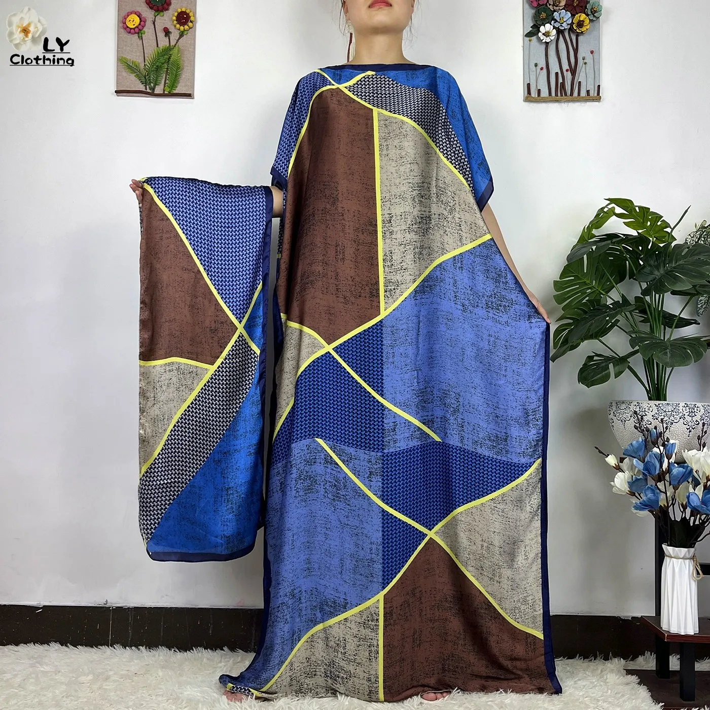 2023 New African Fashion Short Sleeve Colored Pattern Dubai Women Summer Real Silk Soft Printing Loose Tradition Muslim Dress