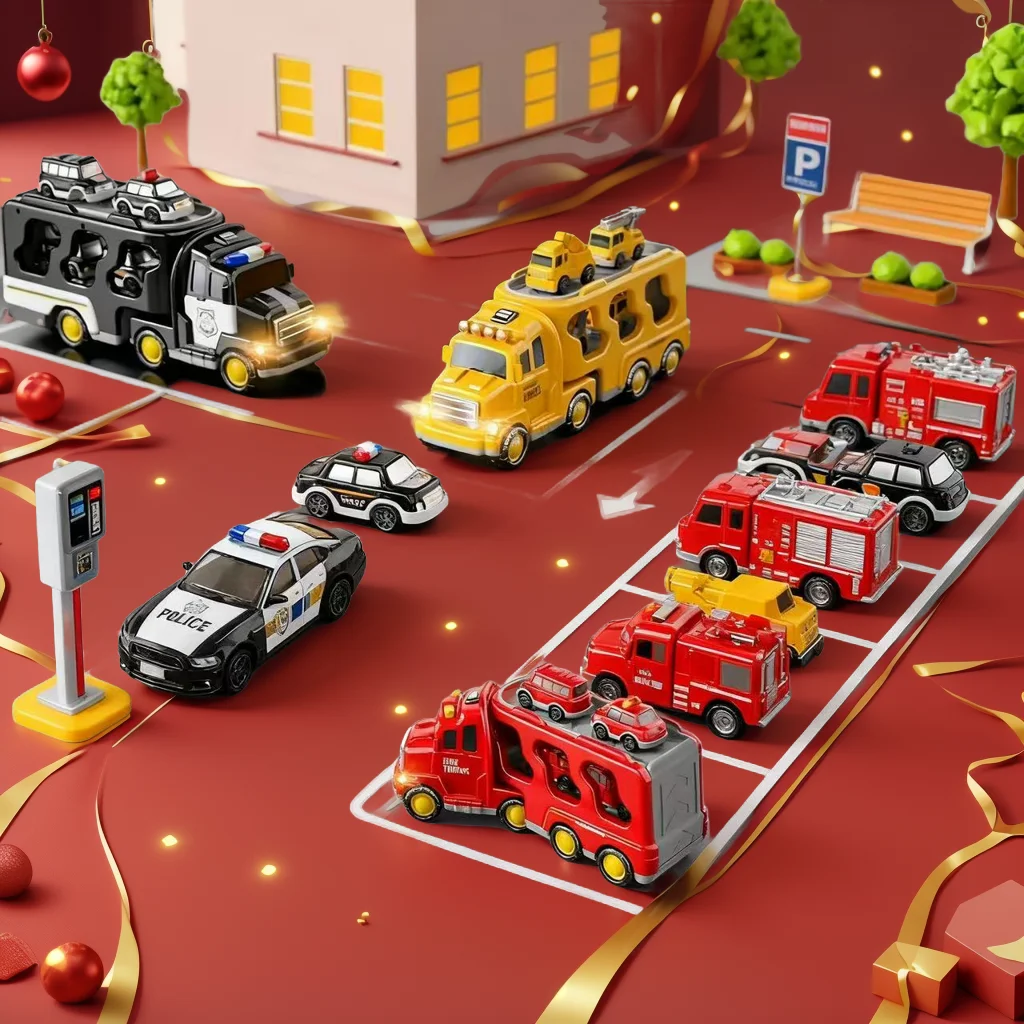 شاحنة حاملة متعددة الوظائف للأطفال: هندسة، إطفاء، مركبات شرطة مع قوة احتكاك، صوت وضوء، بالإضافة إلى تخزين