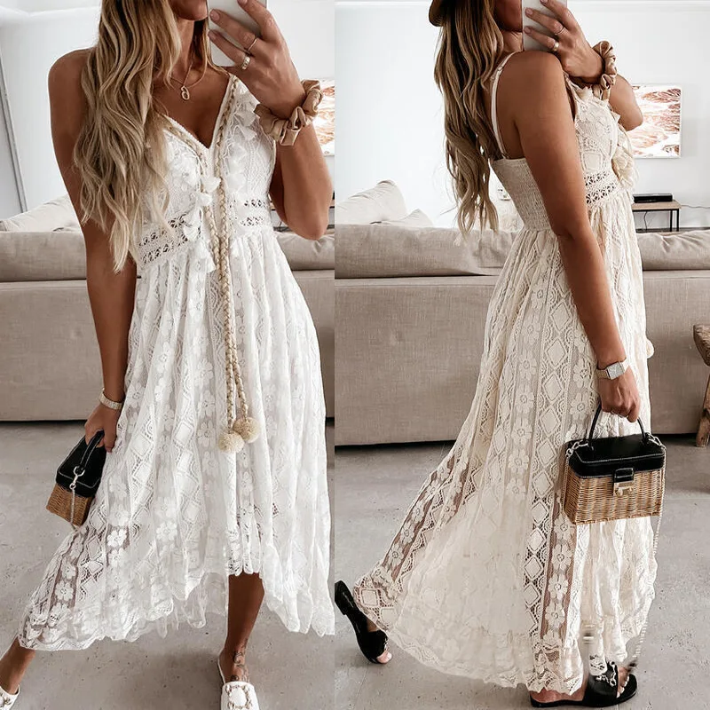 

Women's Maxi Dress Lace Dresses Boho Tassel V-Neck Flare Ruffle Adjustable Straps Beach Summer Long Dress