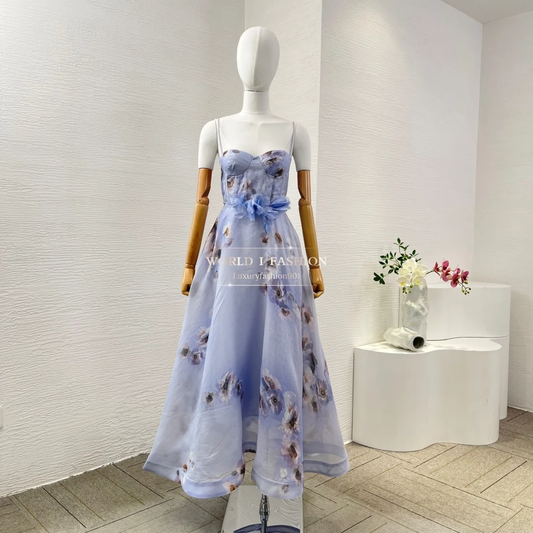2025 nuevo vestido Midi de mujer con tirantes de huesos de pescado y estampado Floral lila y morado de seda de lino de alta calidad con apliques sin mangas