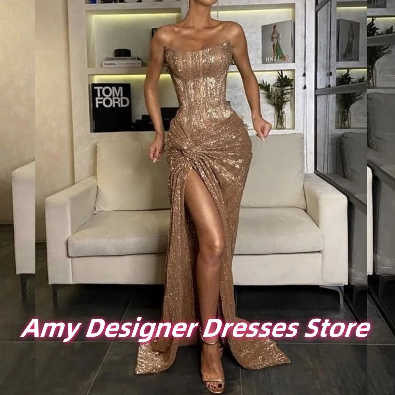 

Charming Sequin Mermaid Prom Dresses For Women Exquisite Beaded Strapless Evening Dress Wedding Party Gowns Arabic Customized