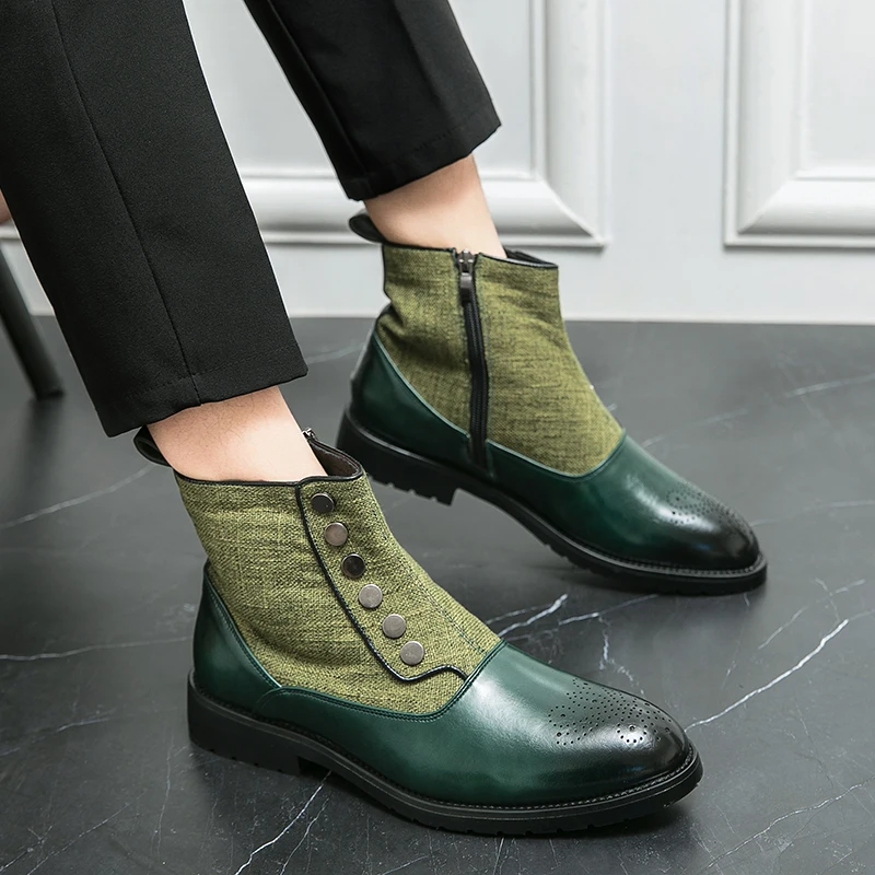 Leather Boots Wedding Shoes for Men Green Button Metal Man Chelsea Boots Business Leather Pointed Ankle Boots Men Botas Chelsea