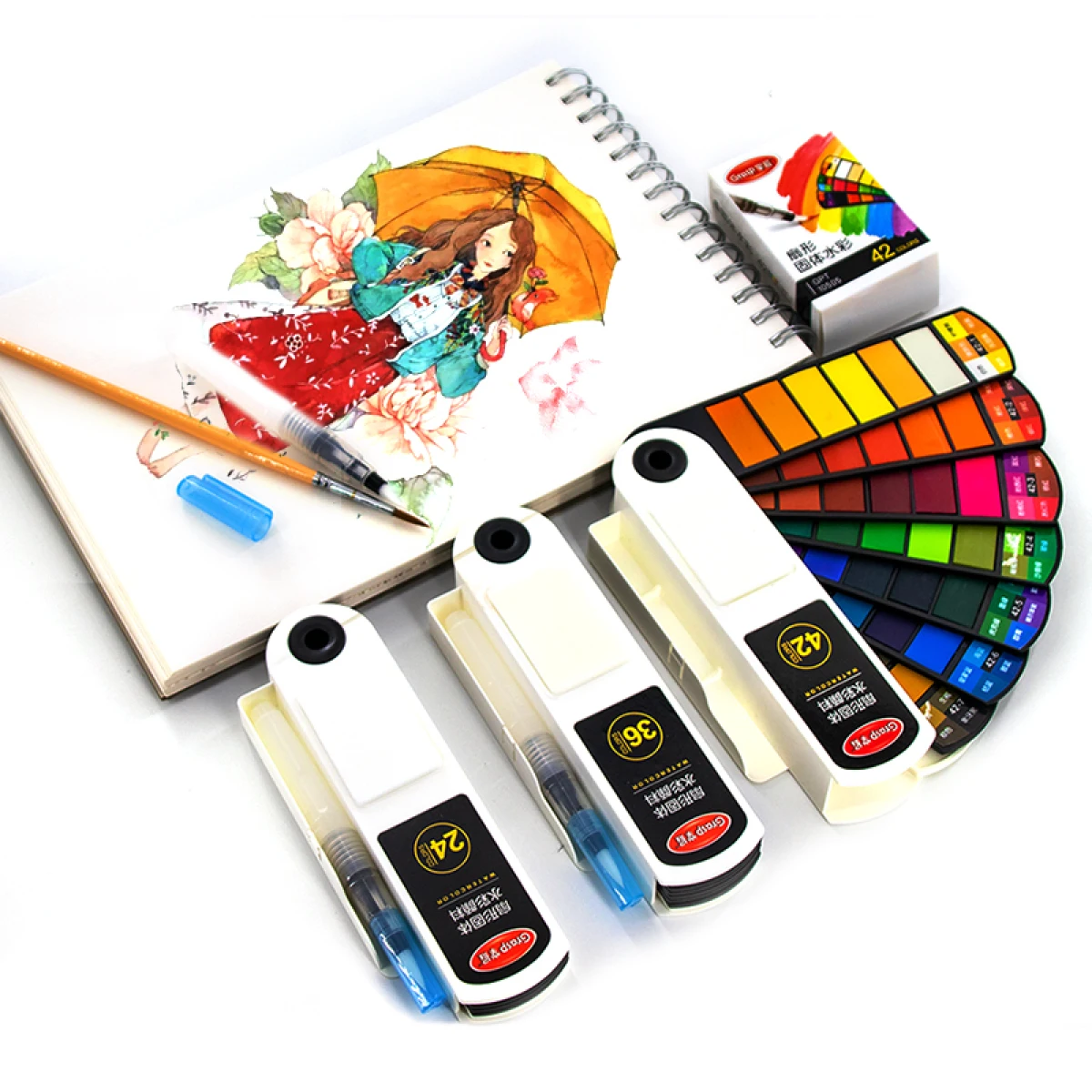 18/24/42/60 Solides Aquarell-Pigment-Set, faltbar, für Reisen, Aquarell mit Wasserpinselstift, kunstvolles, fächerförmiges Malwerkzeug – Detail 2