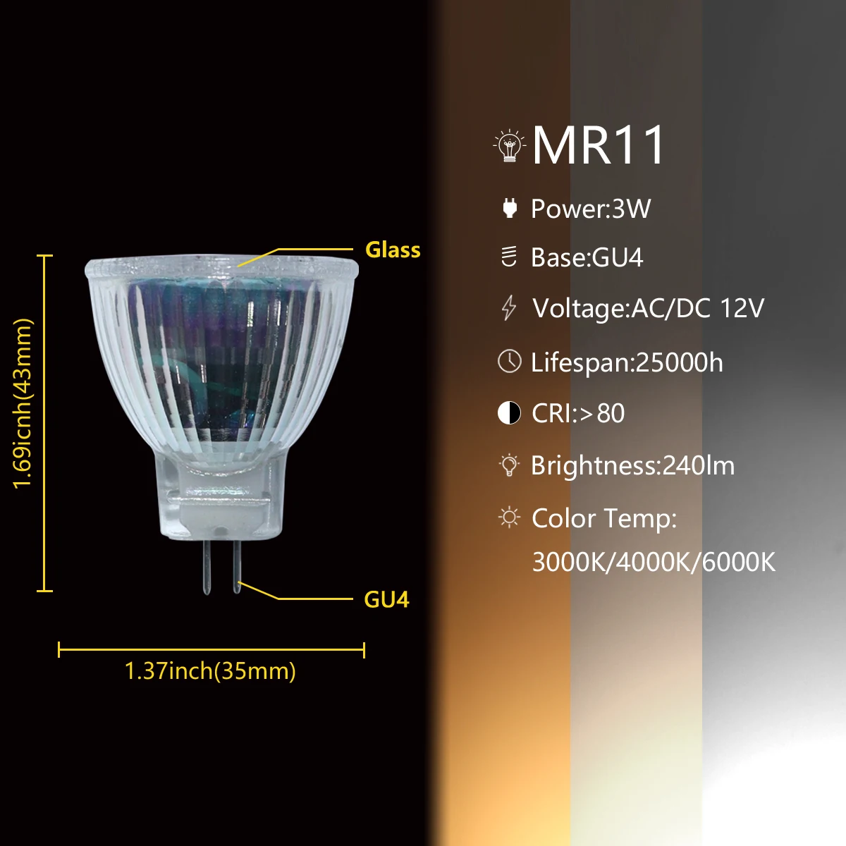 Mini budgétaire LED MR11 GU4.0, basses sions, AC, DC, 12V, 3W, 3000K, 4000K, 6000K, super léger, adapté à la cuisine et au bureau, 4-20 pièces