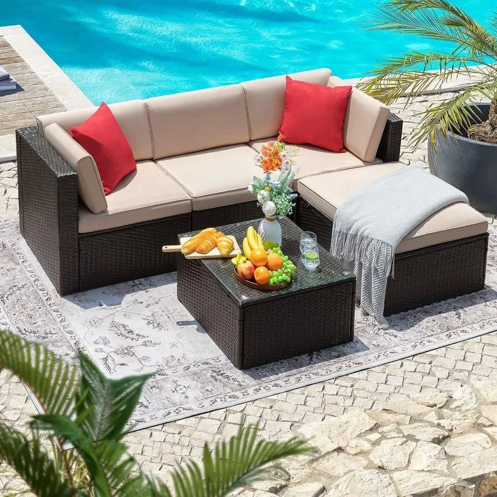 

Outdoor Sofa Set with Thick Cushions & Tempered Glass Table, 5 Piece Patio Furniture Set, Wicker Outdoor Sectional Sofa