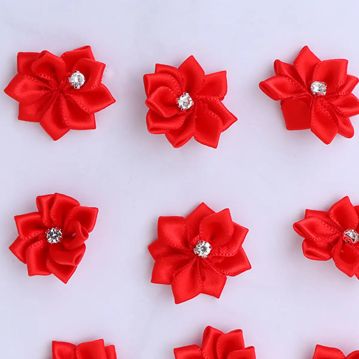 50Pcs Nine-Petal Handmade Polyester Center Red DIY Clothes Bags Hat Boots Crafts Supplies Embellishments Wedding