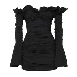 Chic Pleated Mini Dress Off Shoulder V Neck Flare Sleeve Black Short Prom Gowns To Party Dresses Above Knee Length