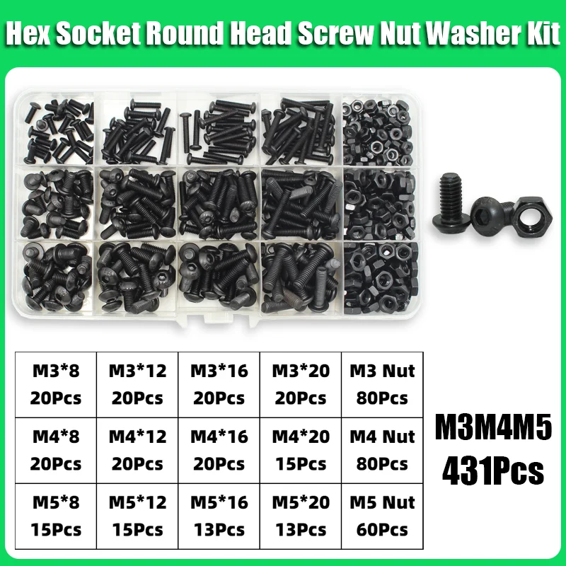 Innensechskantschrauben-Set mit Innensechskant, M2, M2,5, M3, M4, M5, M6, Schwarz, 10,9 Güteklasse, Innensechskant-UNC-Bolzen mit Mutter, Unterlegscheiben-Sortiment – Detail 10