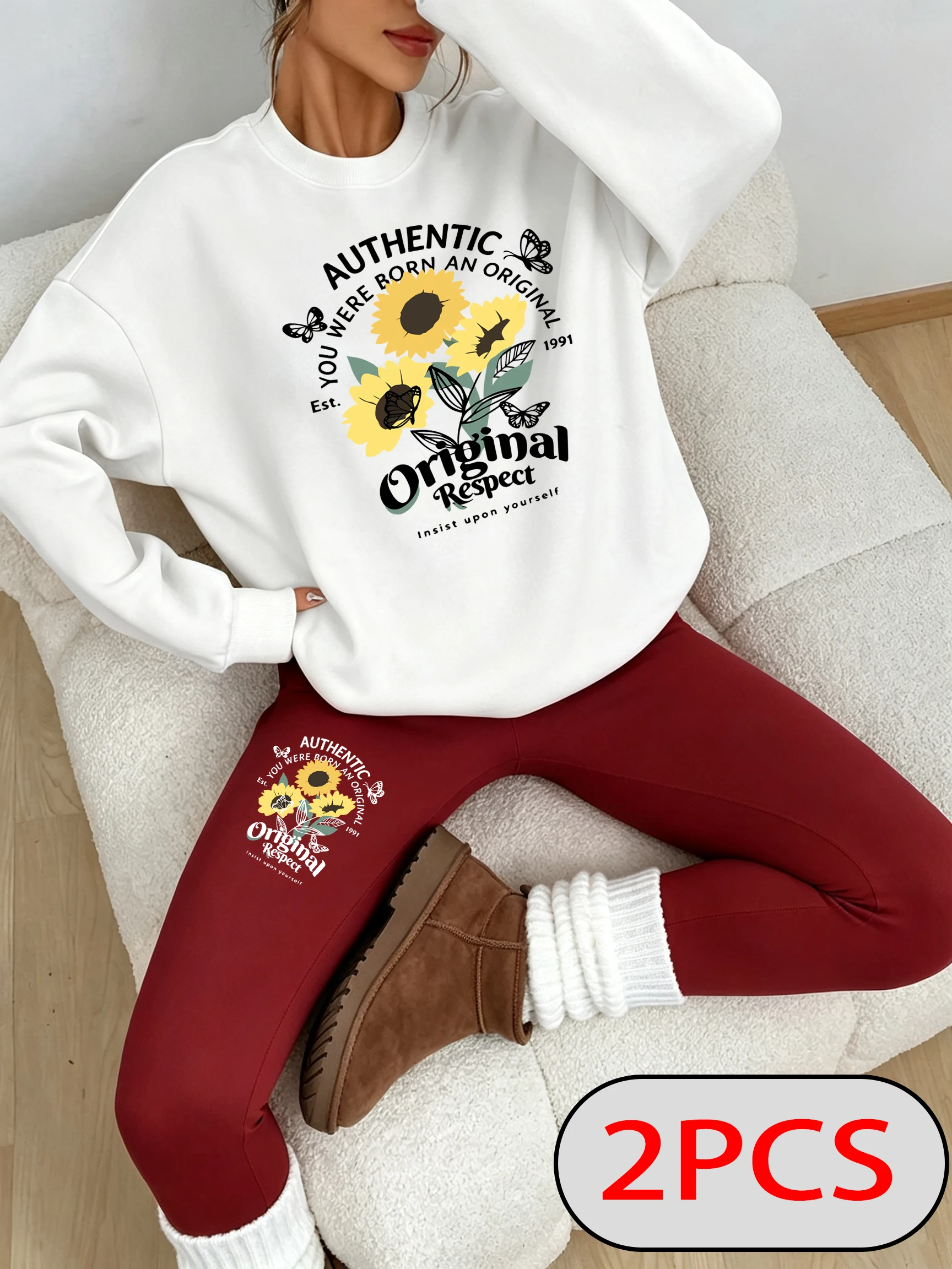 Sunflower Butterfly Respect Design Women'S Sweatshirt Set Casual Fleece Pullover Crewneck Sportswear Autumn Warm Leggings - view 3