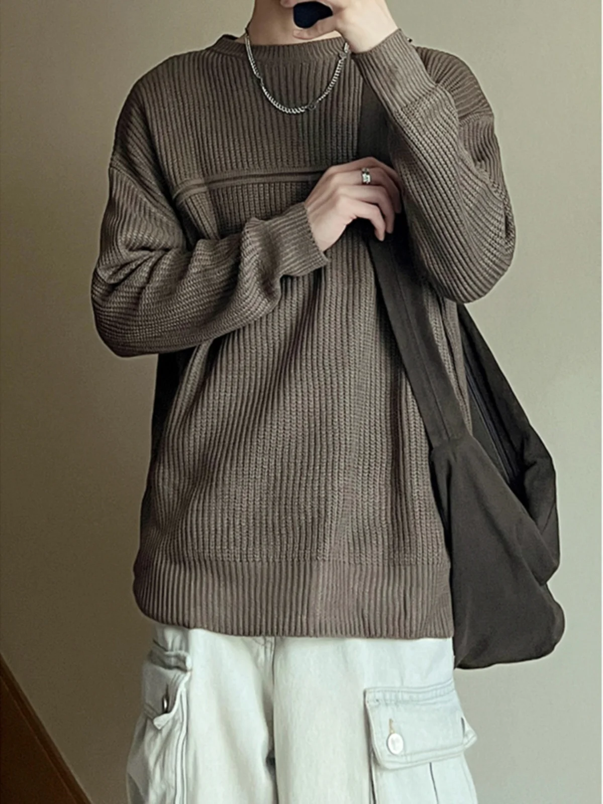 

Deep Khaki round Neck Knitwear Men's Spring Autumn Style Cleanfit American Trendy Brand College Style Handsome Base Layer Swe...