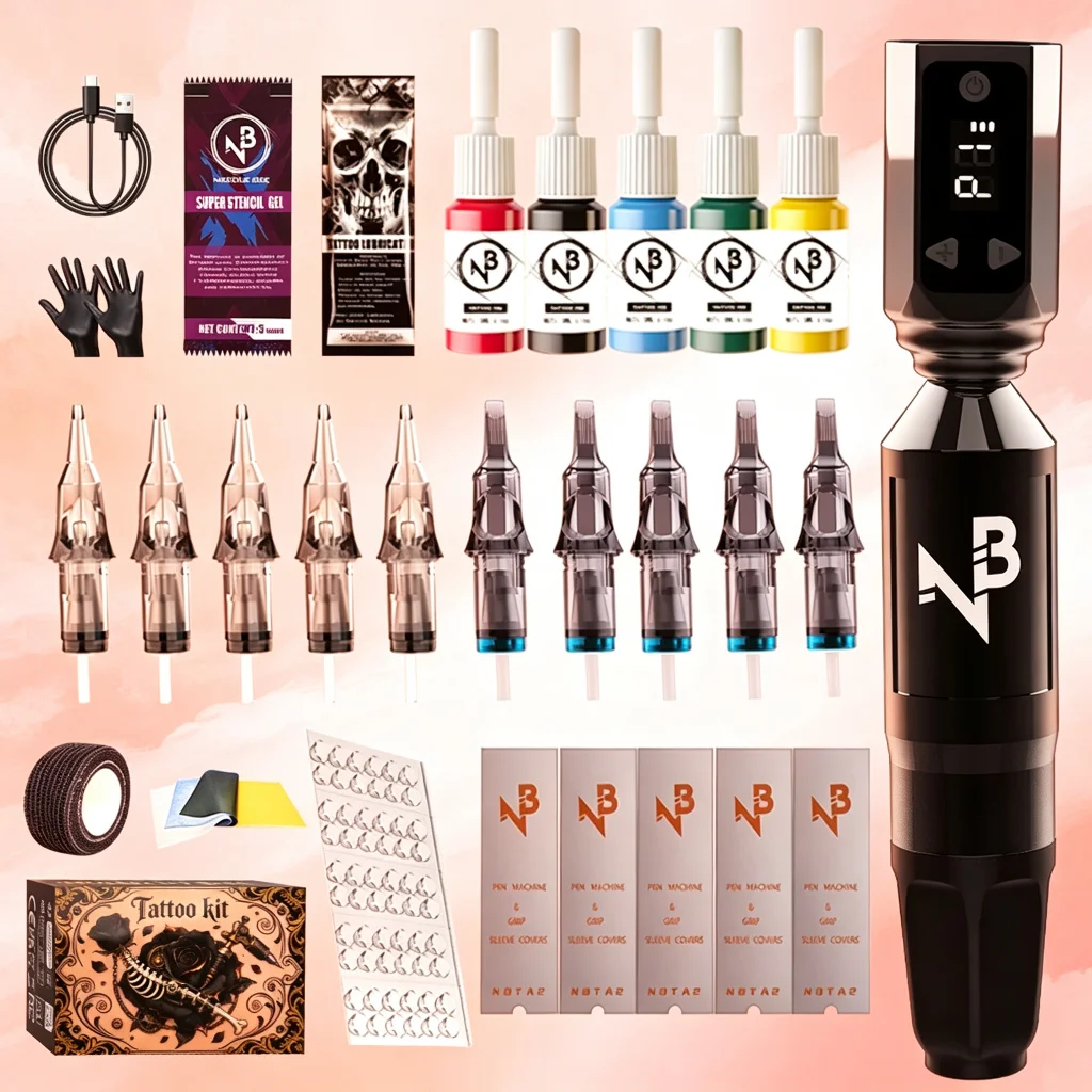 Wireless Rotary Tattoo Pen Machine Kit 1100Mah Integrated Power All in One Complete Tattoo Supplies Mixed Cartridge Needles Multicolor Tattoo Ink Practical Tattoo Tool Set for Beginners Professional Tattoo Practitioners
