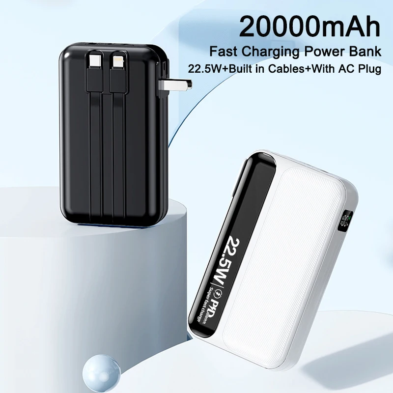 

Power Bank 20000mAh 22.5W Fast Charging Portable Charger Mini Powerbank with Cable AC Plug for iPhone Samsung S23 Huawei Xiaomi