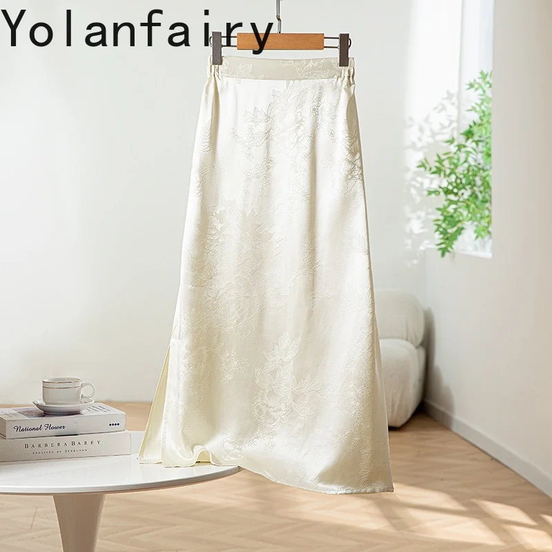 YOLANFAIRY Luxury 100% Mulberry Silk Long Skirts for Woman Korean Style Jacquard Satin Skirt One-step Black Skirt Faldas Largas