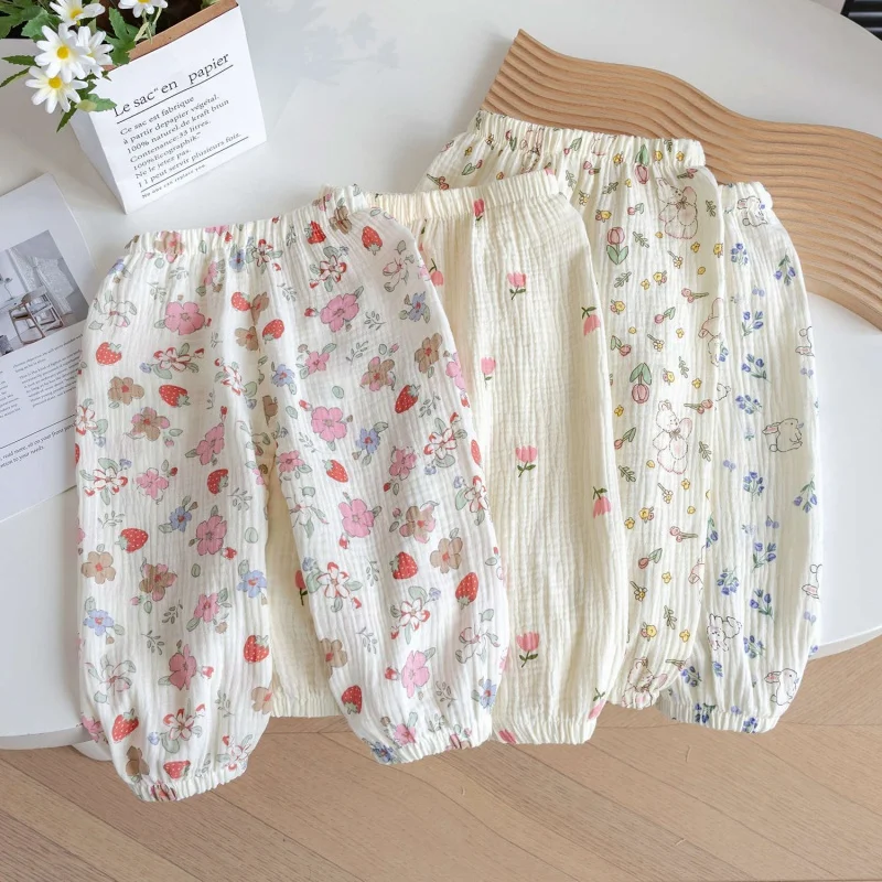 

Girls' Summer Cotton Anti-Mosquito Pants2024New Floral Pants Baby Girls' Air Conditioning Pants Bloomers Summer Ankle-Tied Pants