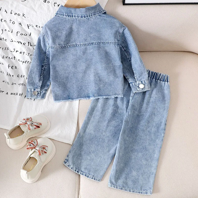 2Piece Spring Fall Toddler Girl Clothes Korean Fashion Cute Bow Denim Blue Long Sleeve Baby Tops+Loose Jeans Clothing Sets B304