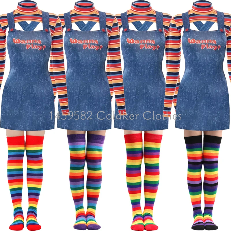 

Halloween Costumes for Women Scary Nightmare Killer Doll Wanna Play Movie Character Chucky Doll Costume With Stockings