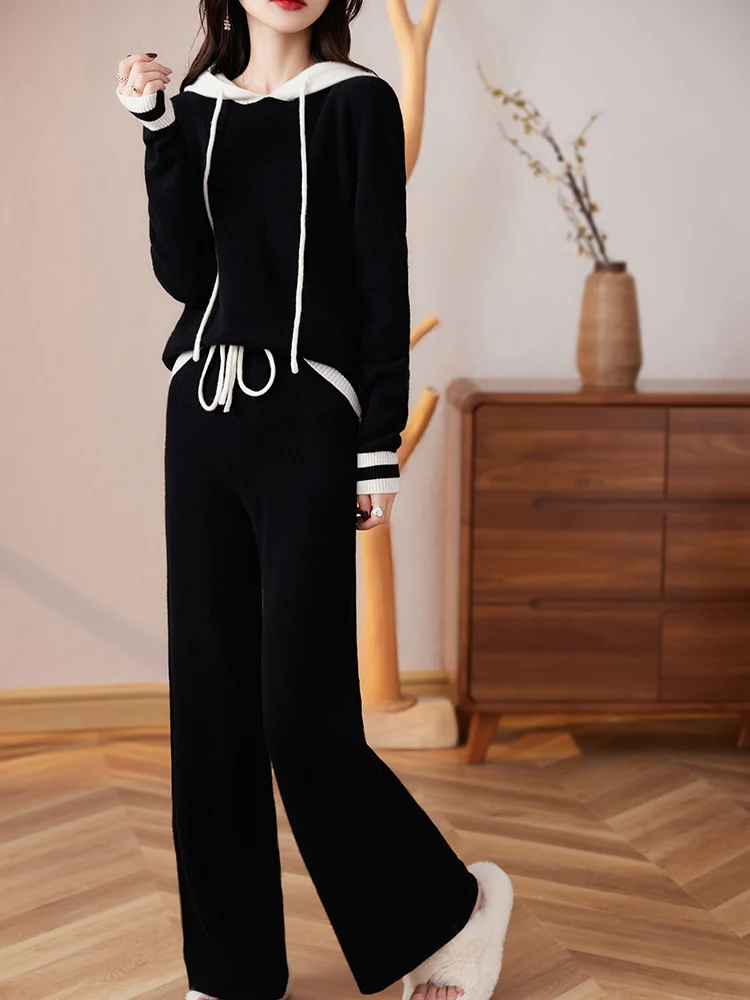 100% Pure Cashmere Wool Fashion Women Sweater Set Autumn Winter Knit Hooded Pullover Black Loose Wide Leg Pants Two Piece Sets