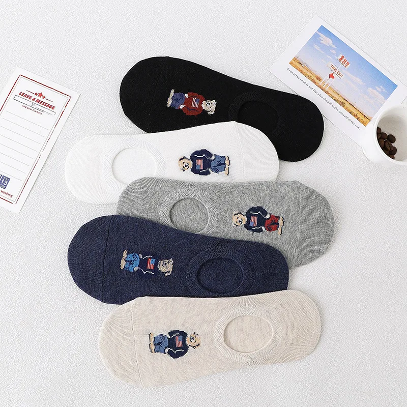 5 Pairs of 5 Colors Summer Cartoon Bear Thin Cotton Men's Invisible Light Breathable Sweat-absorbent Boat Socks Personality