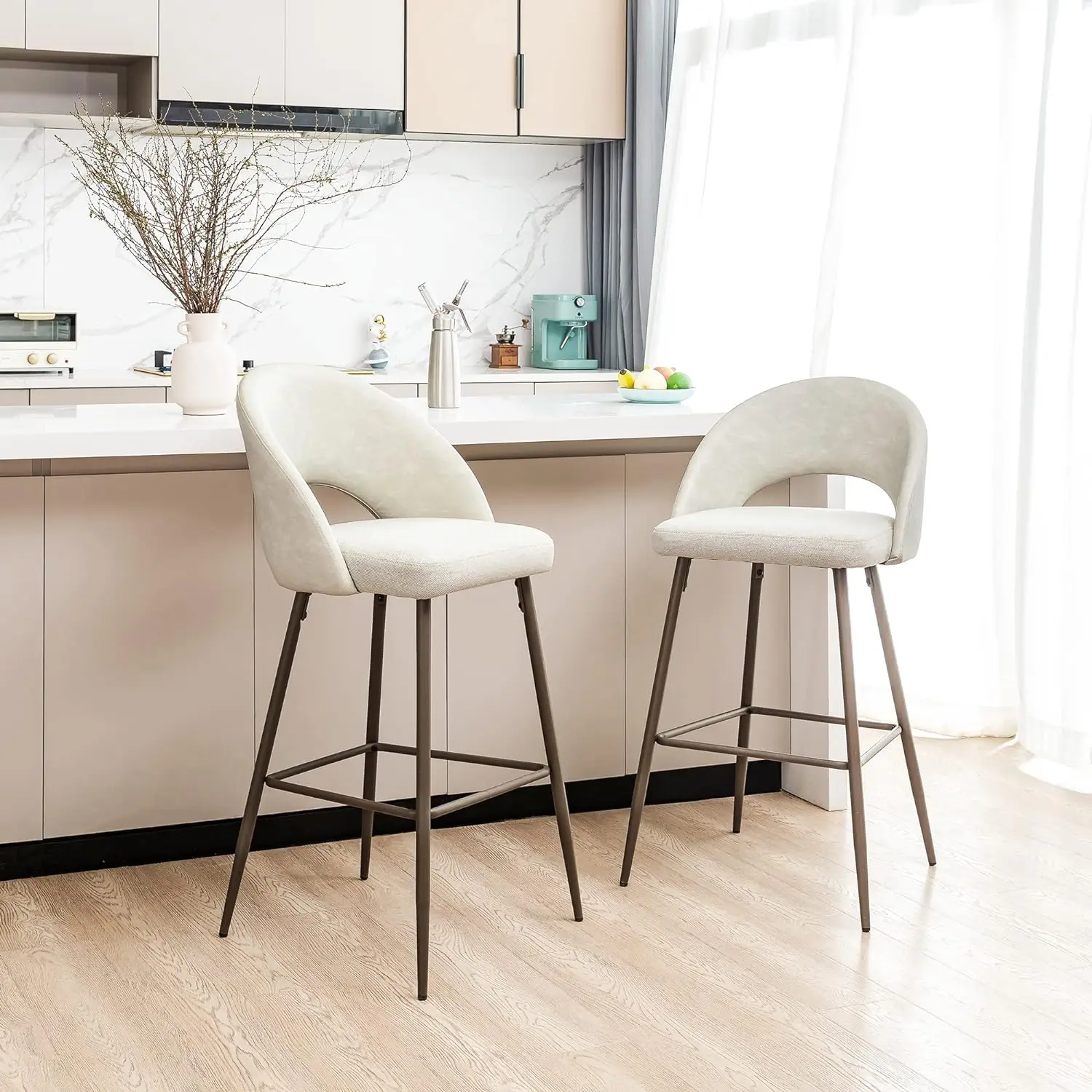 

glitzhome Modern High Barstools Set of 2, 40 Inch Height Tall Fabric PU Leather Bar Stools, Bar Height Bar Stools